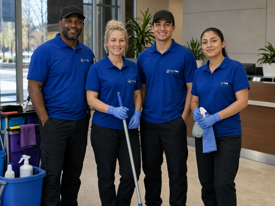 Small commercial cleaning team in uniform standing in a well-lit office lobby with cleaning tools and carts staged professionally
